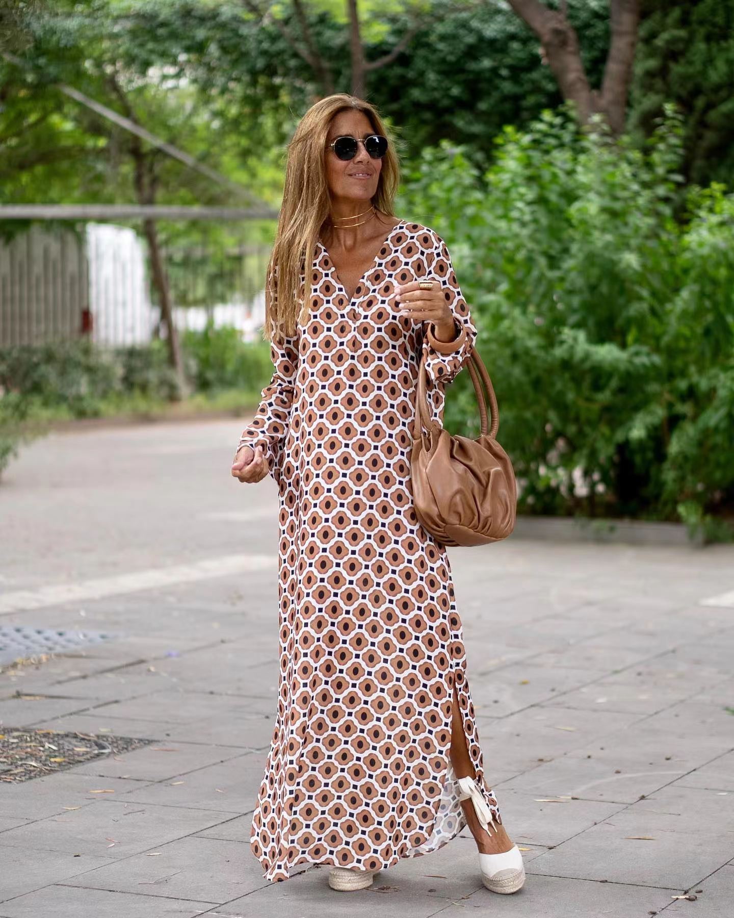 Women Floral Print Maxi Dress Casual Loose V Neck Long Sleeve Ankle-length Vestidos Spring Summer Elegant Holiday Shirt Robe