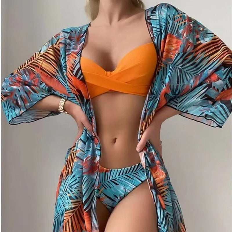 New Sexy Low Waist Bikini Three Piece Mesh Long Sleeve Shawl Blouse Split Body Tight Print Small Fresh Beach Swimsuit