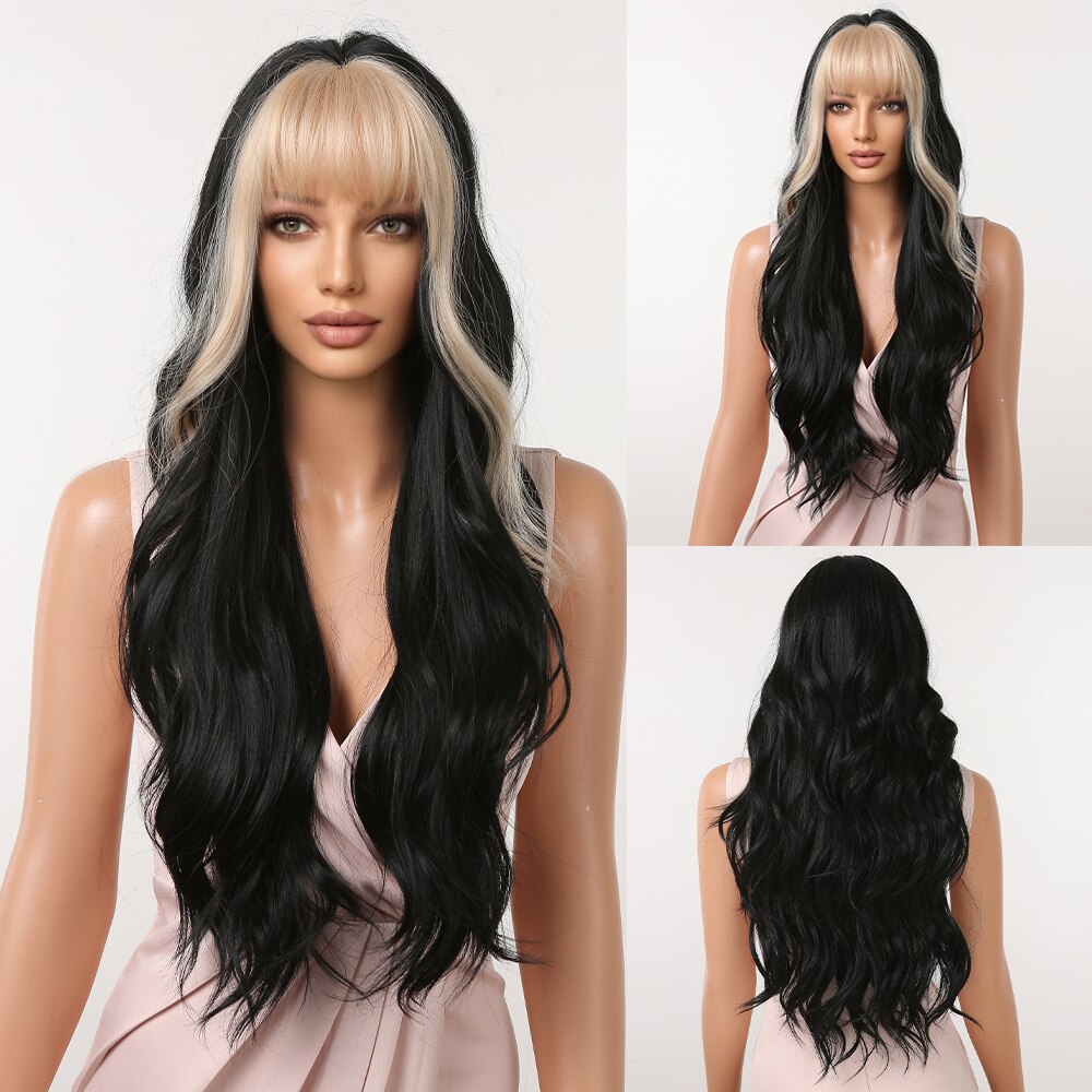 HAIRCUBE Brown Mixed Blonde Synthetic Wigs with Bang Long Natural Wavy Hair Wig for Women Daily Cosplay Use Heat Resistant