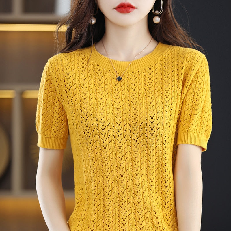 100% Pure Cotton T-Shirts Women's Round Neck Strands Empty Pullover Top Casual Knit Loose Top Summer Mesh Fashion Short Sleeves