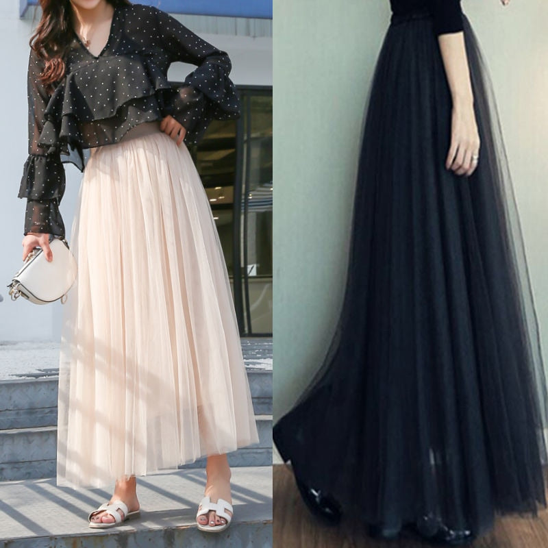 3 layers Midi Summer Tulle Skirt Women 2023 Ladies Casual White Black High Waist Pleated Sun School Long Skirt Female