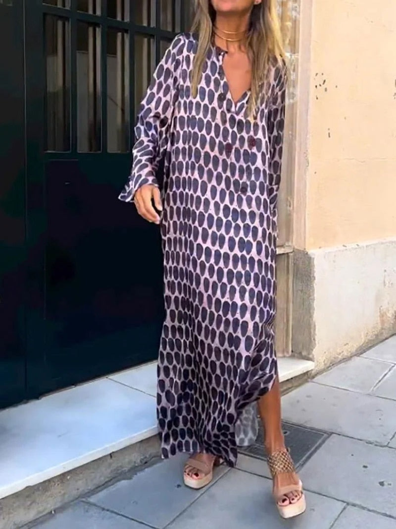 Women Floral Print Maxi Dress Casual Loose V Neck Long Sleeve Ankle-length Vestidos Spring Summer Elegant Holiday Shirt Robe