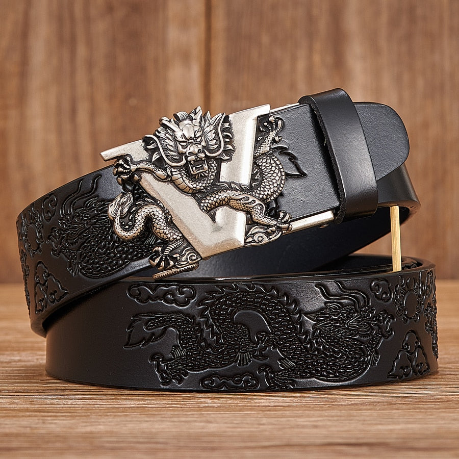 New Male China Dragon Belt Cowskin Genuine Leather Belt for Men Carving Dragon Pattern Automatic Buckle Belt Strap For Jeans