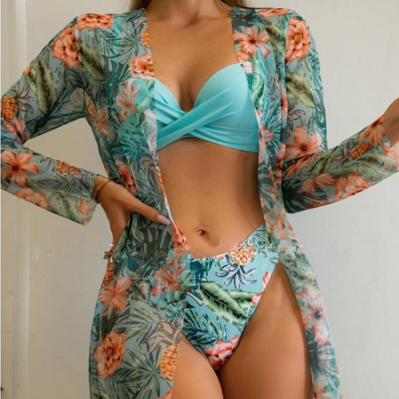 New Sexy Low Waist Bikini Three Piece Mesh Long Sleeve Shawl Blouse Split Body Tight Print Small Fresh Beach Swimsuit