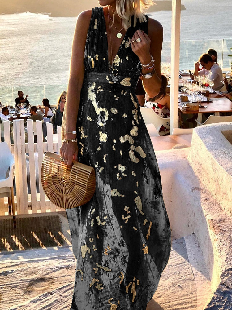 Women Deep V-Neck Maxi Party Dress Summer Patchwork Sleeveless Solid Casual Holiday Ladies Dress Elegant Streetwear Dropshipping