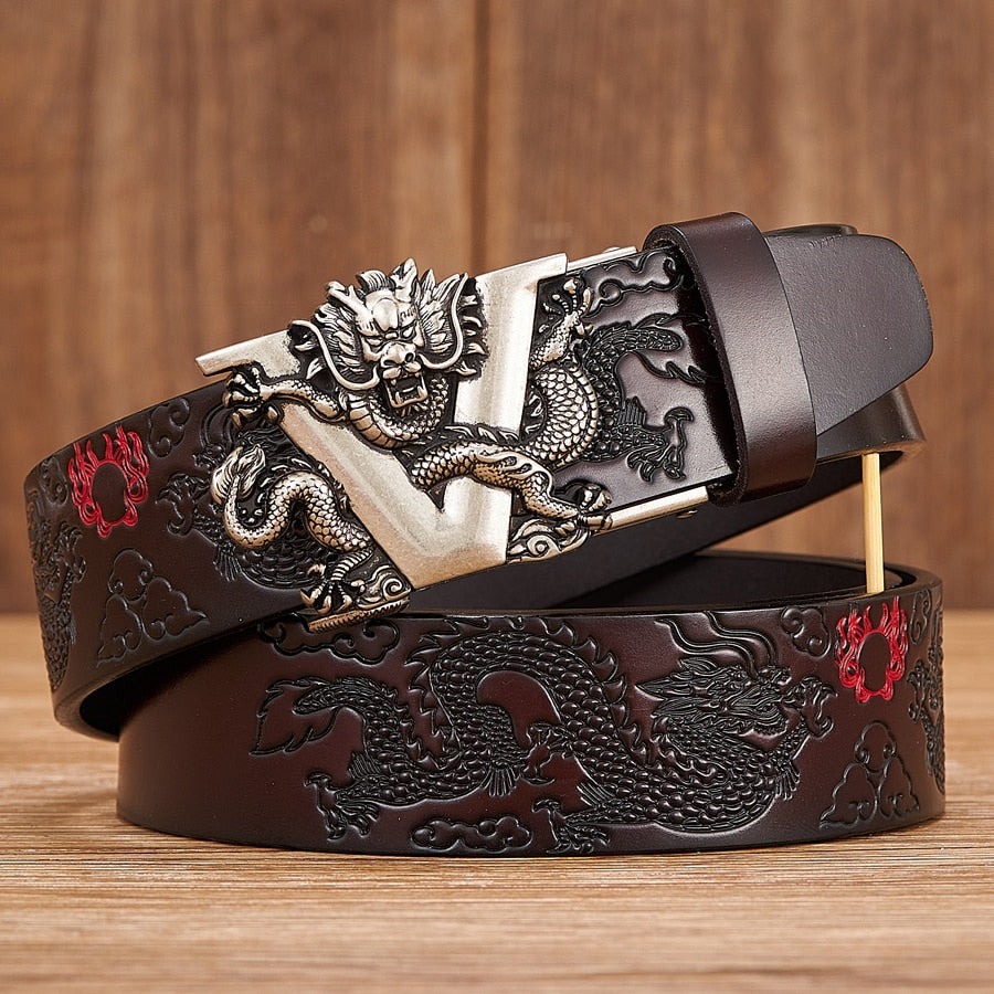 New Male China Dragon Belt Cowskin Genuine Leather Belt for Men Carving Dragon Pattern Automatic Buckle Belt Strap For Jeans