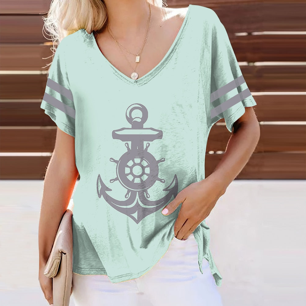 Summer Shirts Women T Shirt Short Sleeve Tops Anchor Graphic Clothing Everyday Streetwear V-Neck Pullovers For Women's Tees 2023