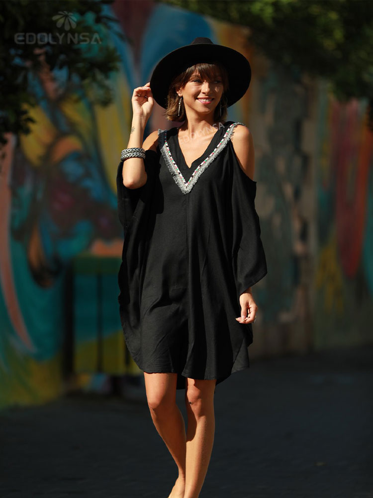 2023 Sexy Cold Shoulder V Neck Bats Sleeve Loose Summer Beach Dress Plus Size Women Beachwear Kaftan Black Dresses Q943