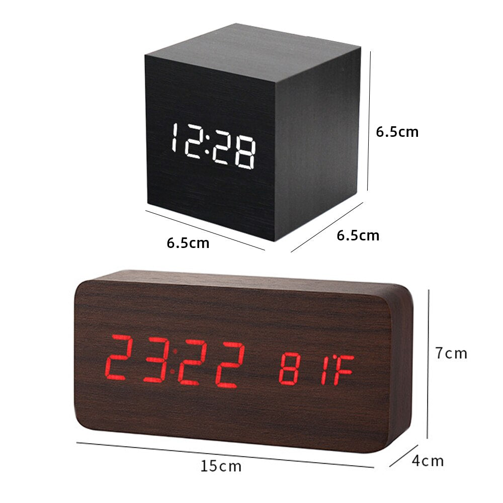 Alarm Clock Table Clock LED Digital Wooden USB/AAA Powered Desk Clock Temperature Humidity Voice Control Electronic Home Decor