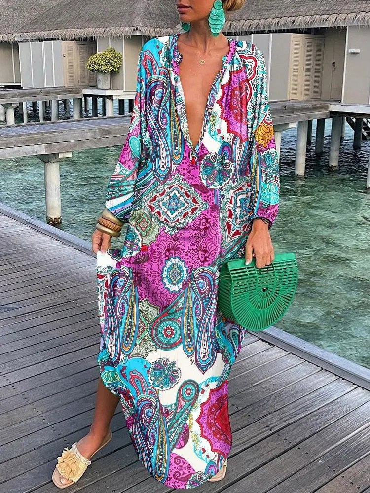 Women Sexy Deep V-Neck Maxi Dresses Bohemian Lantern Sleeve Printed Long Dress Female Vintage Holiday Loose Beach Cover Up Robe