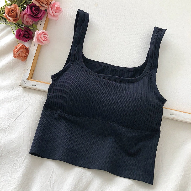 Seamless Crop Top Women Underwear Wire-Free U-Shaped Camisole Wide Straps Striped Solid Bralette Lingerie One-Piece Tube Tops