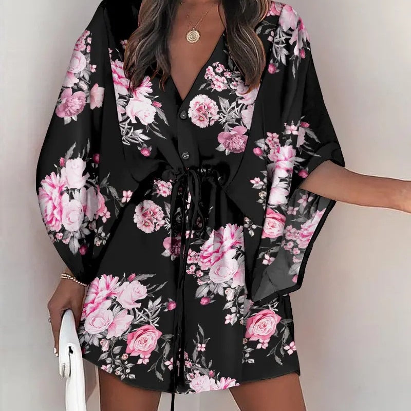 Women Batwing Sleeve Dresses Boho Leaf Print V-Neck Irregular Loose Mini Dress Female Sexy Lace-Up Waist Beach Dress Vestido