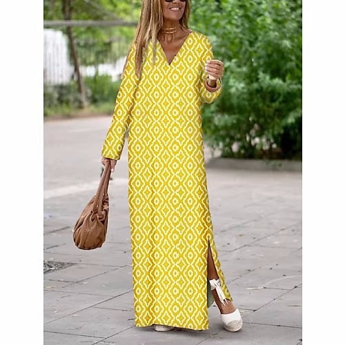 Women Floral Print Maxi Dress Casual Loose V Neck Long Sleeve Ankle-length Vestidos Spring Summer Elegant Holiday Shirt Robe