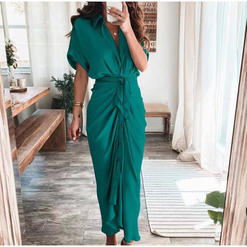 Women Elegant Shirt Dress Summer Fashion Printed Button Ruched Bandage Long Dresses Female Solid V Neck Beach Dress Casual Robe