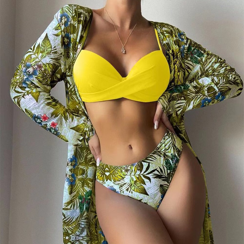 New Sexy Low Waist Bikini Three Piece Mesh Long Sleeve Shawl Blouse Split Body Tight Print Small Fresh Beach Swimsuit