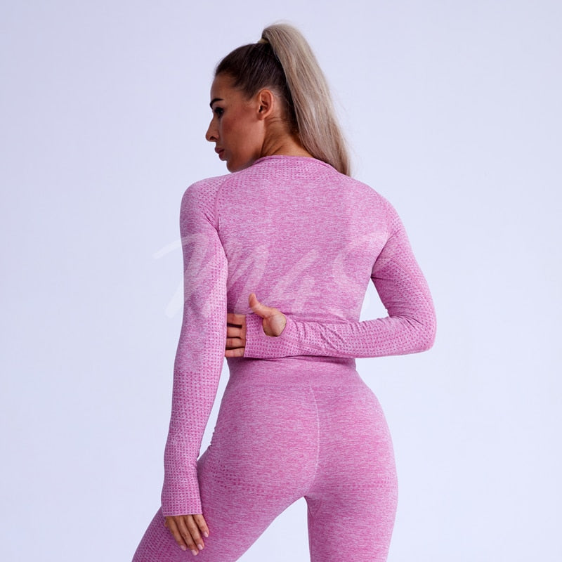 Ensemble Female 2 Pieces Yoga Set Women Seamless Thumb Hole Gym Workout Fitness Clothes Sportswear Long Sleeve Crop Top Leggings