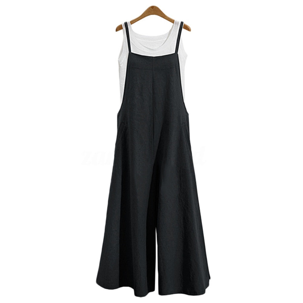 Casual Woman Jumpsuits 2023 Summer Solid Cotton Linen Straps Wide Leg Pants Comfort Pockets Sleeveless Bib Overalls Long Rompers