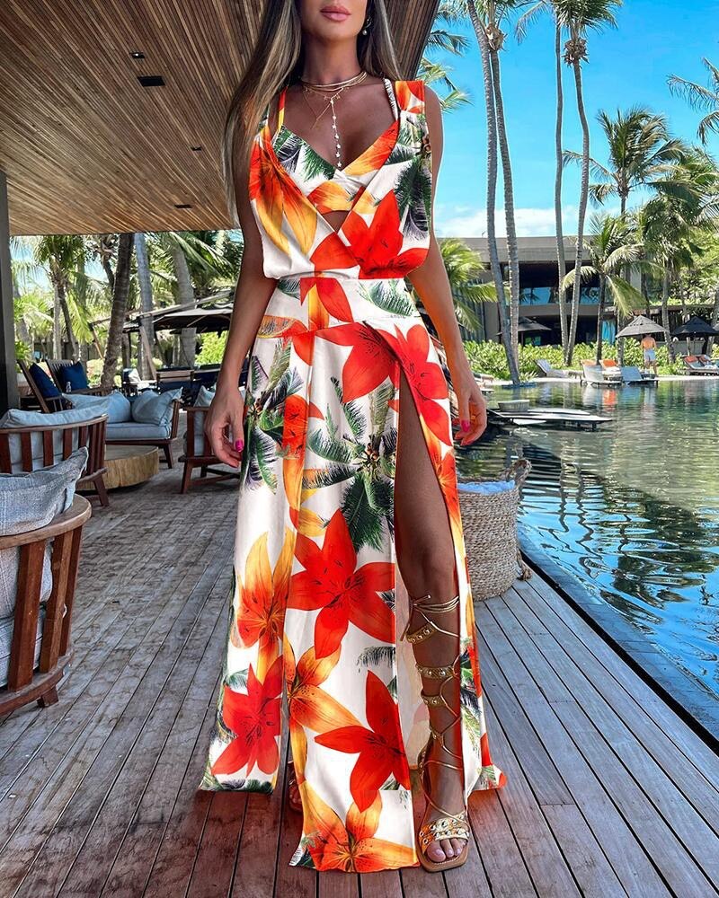 2023 Summer New Fashion Sexy Sleeveless V-Neck Printed Split Dress Women's Elegant Sling Long Dress