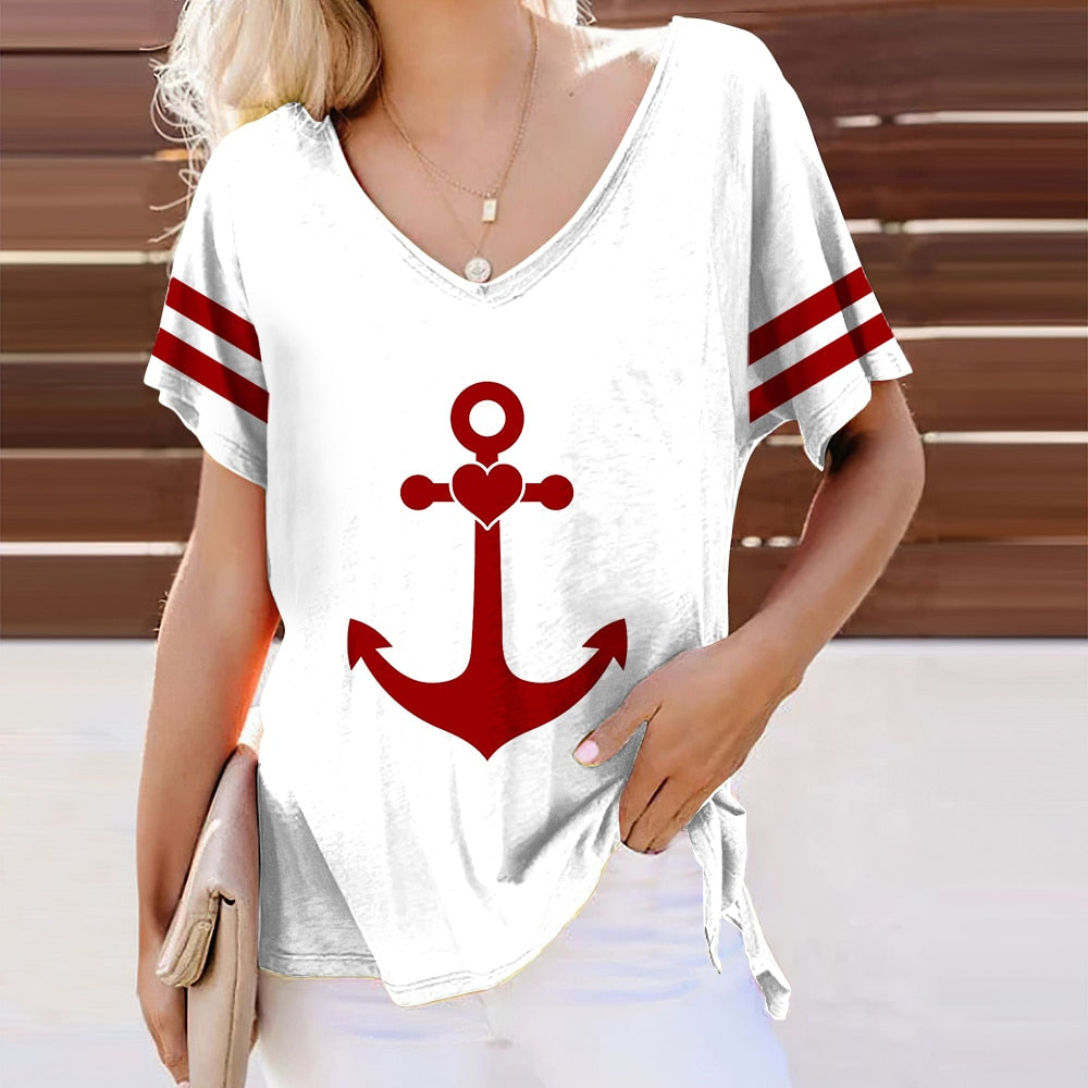 Summer Shirts Women T Shirt Short Sleeve Tops Anchor Graphic Clothing Everyday Streetwear V-Neck Pullovers For Women's Tees 2023