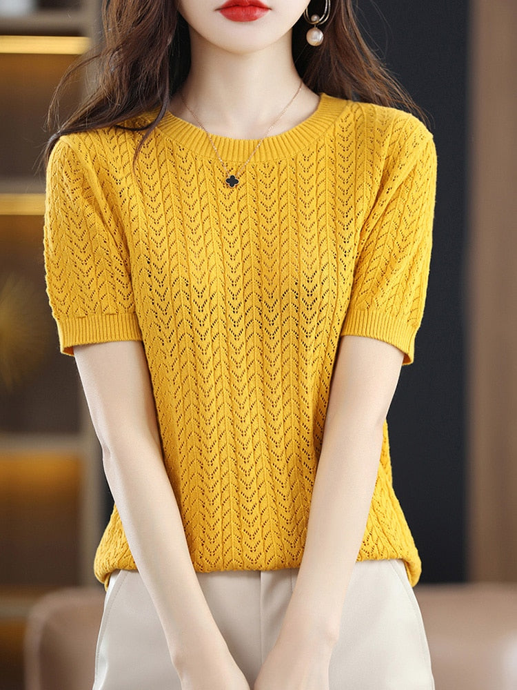 100% Pure Cotton T-Shirts Women's Round Neck Strands Empty Pullover Top Casual Knit Loose Top Summer Mesh Fashion Short Sleeves