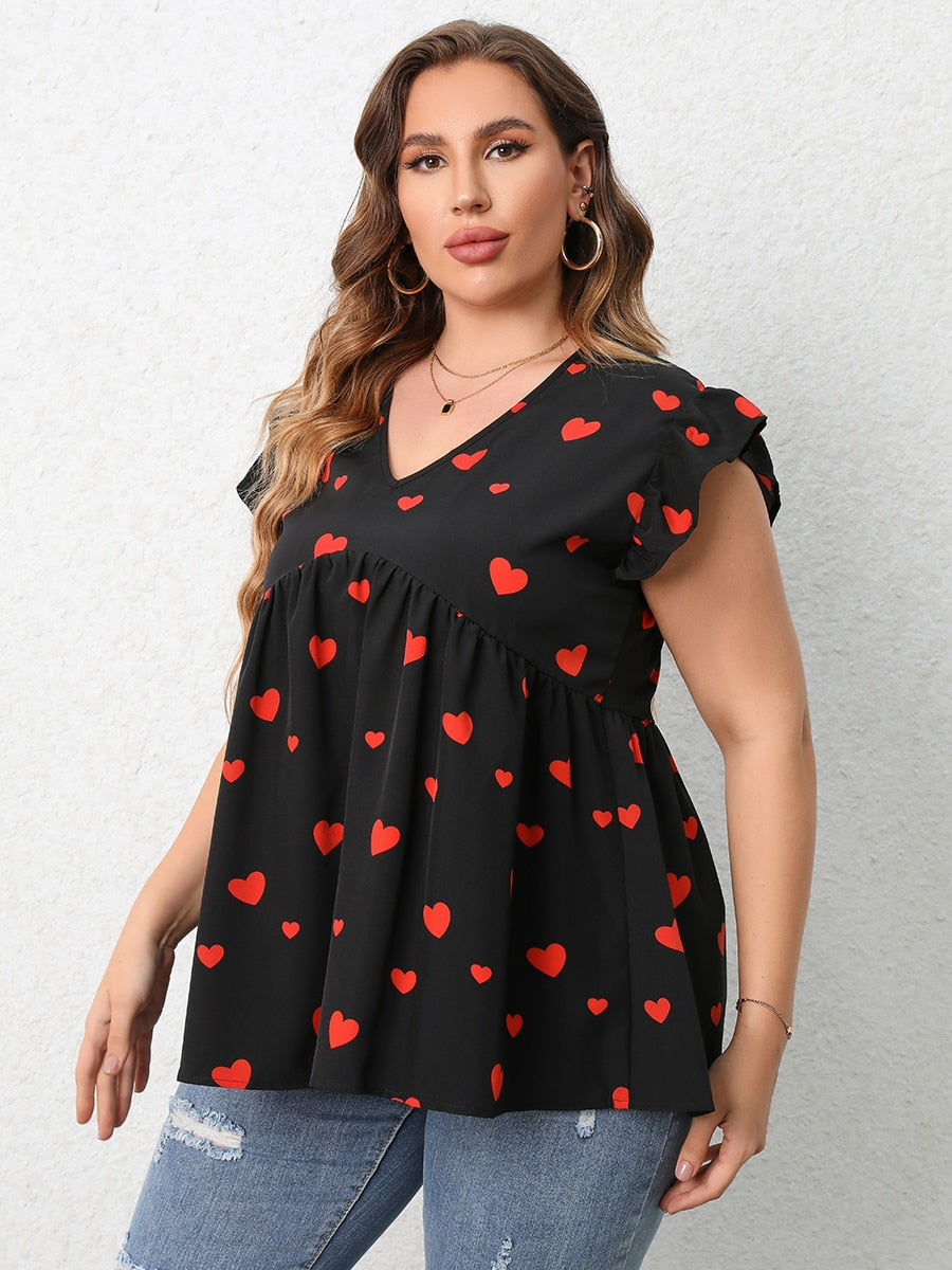 Finjani Plus Size Women T-Shirts Summer Casual Red Heart Print Blouse 2022 Fashion Tee Loose And Breathable Women's Tops