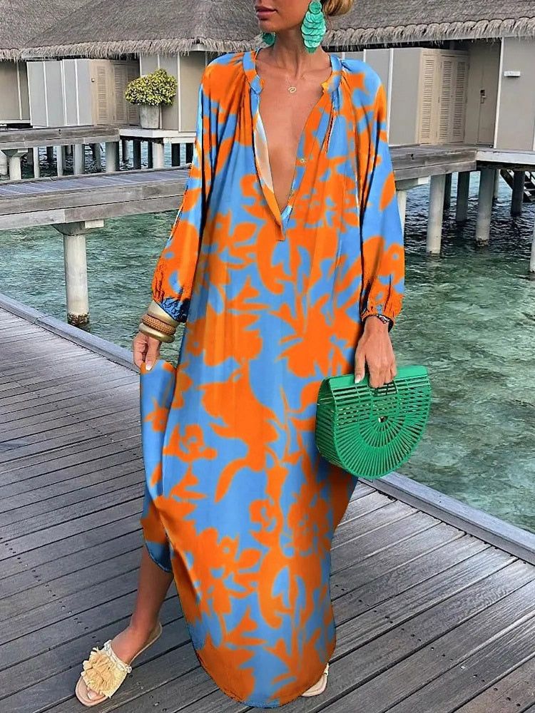 Women Sexy Deep V-Neck Maxi Dresses Bohemian Lantern Sleeve Printed Long Dress Female Vintage Holiday Loose Beach Cover Up Robe