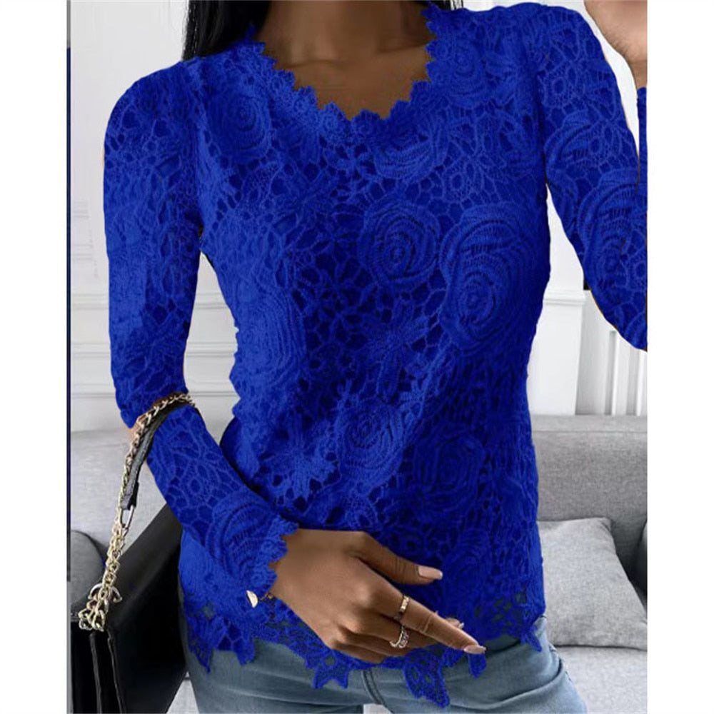 2022 Autumn New Fashion Blouse Tops Women Long Sleeve Lace Patchwork Blouse Ladies Casual Sexy V-Neck Solid Color Street Shirt