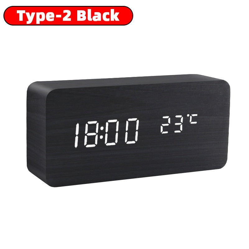 Alarm Clock Table Clock LED Digital Wooden USB/AAA Powered Desk Clock Temperature Humidity Voice Control Electronic Home Decor