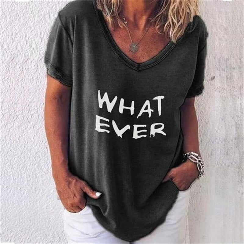 Summer Women T Shirt Letter Print Solid Clothing V Neck Short Sleeve Basic Tops Streetwear Tees Fashion Oversized Girls T-shirts