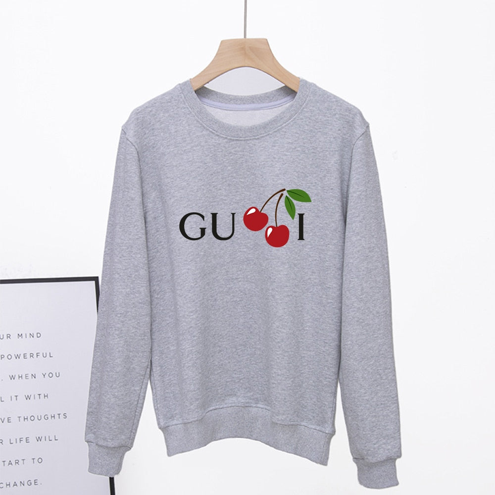 Women Cherry Cute Letter Print Sweatshirt Hoody Hoodies Solid Long Sleeve O Neck Brand Ladies Top Fashion Streetwear Clothing