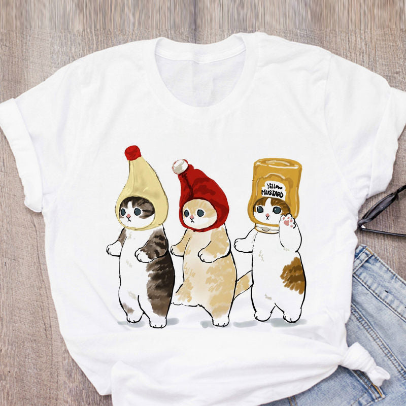 Women T-shirt Cute Cat Funny Cartoon T-shirt Harajuku Graphic Ulzzang T-shirt 90s Print T-shirt Fashion Aesthetic Top Tee Female