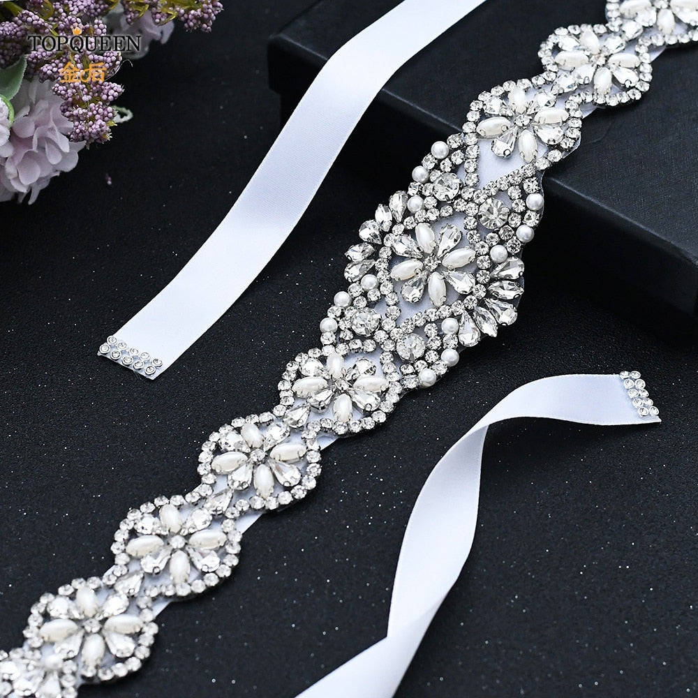 TOPQUEEN S161 Bridal Belts Bling Wedding Women Jewelry Silver Rhinestone Pearl Crystal Sparkly Party Formal Dress Diamond Sash