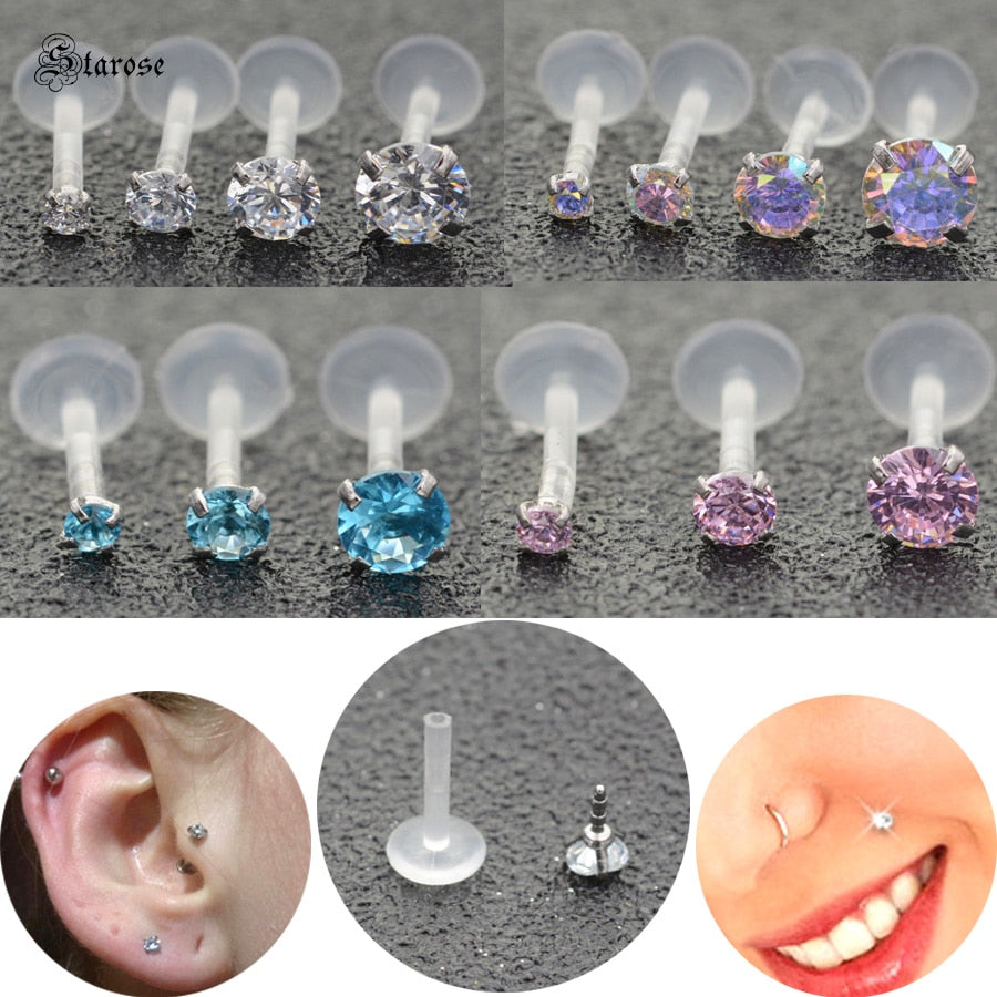 2Pcs 1.2x6/8mm Acrylic Nose Piercing Labret Stud Nose Rings Zircon Lip Piercing Jewel Ear Piercing Helix Tragus Earrings