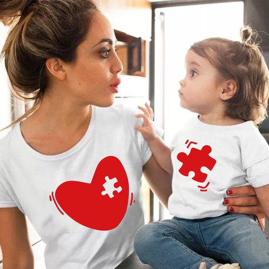 Family matching T-shirt love mommy and girl sleeve short mother and daughter baby kids outfits Look T Shirt Cute Tops.  Puzzle Piece missing from Heart