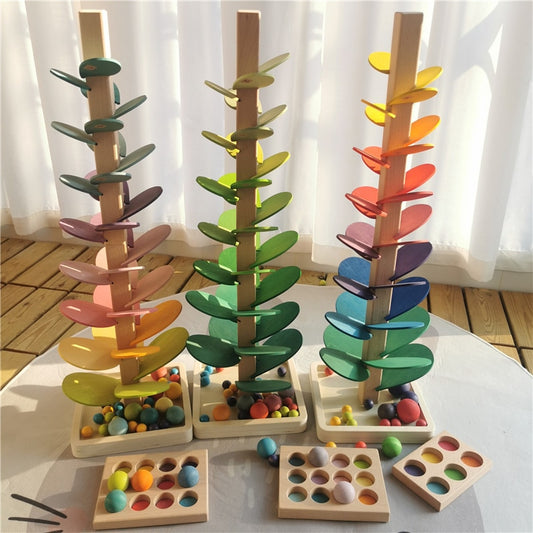 High Quality Rainbow Music Sounding Trees Wooden Petals Assembly Marble Run BallsTracking Kids Educational Toys