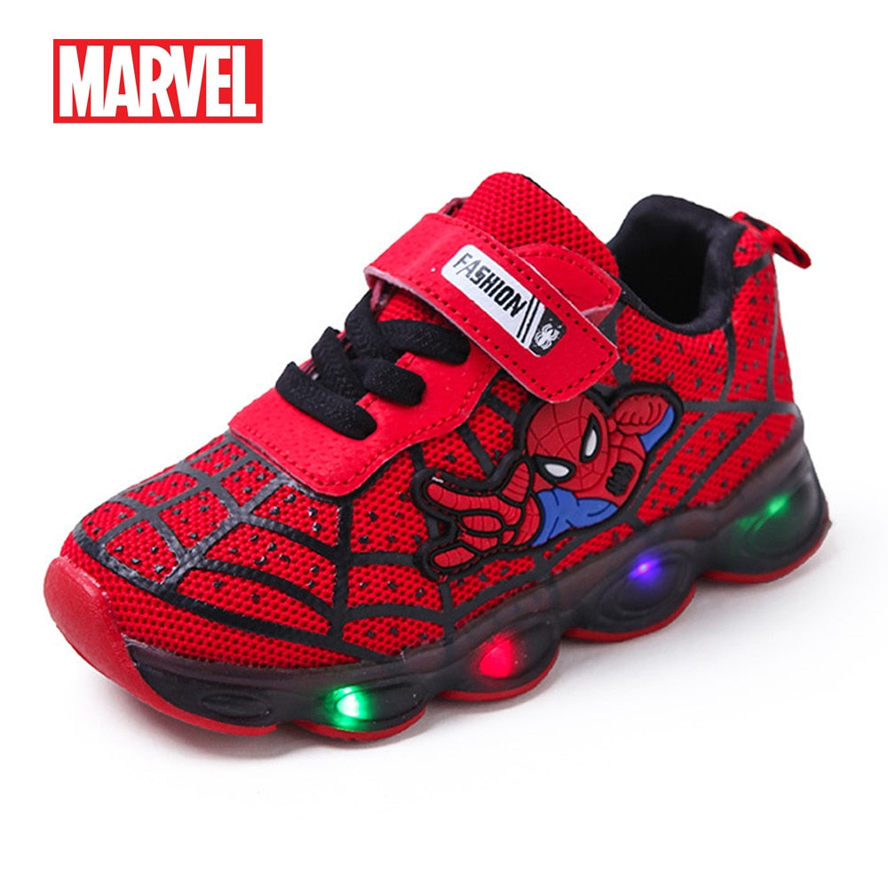 Marvel Spiderman LED Shoes Kids Glowing Sneakers Breathable Mesh Sports Soft Light Up Shoes Baby Girls Boys Children Toys Gift