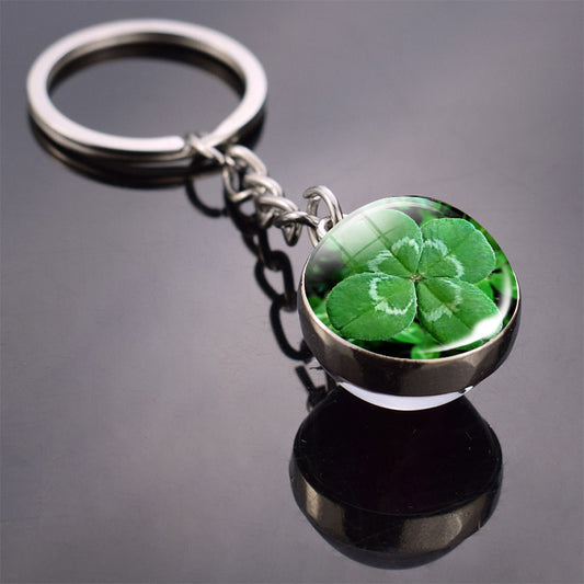 Clover Keychain Four Leaf Clover Glass Ball Double Side Pendant Metal Keyring Lucky Jewelry Gift for Men Dropshipping