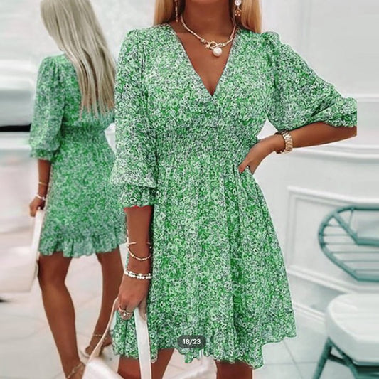 Women Floral Print Dress 2023 New Summer Sexy V-Neck Boho Half Sleeve A-Line Short Dress Female Elegant Beach Dresses Vestidos