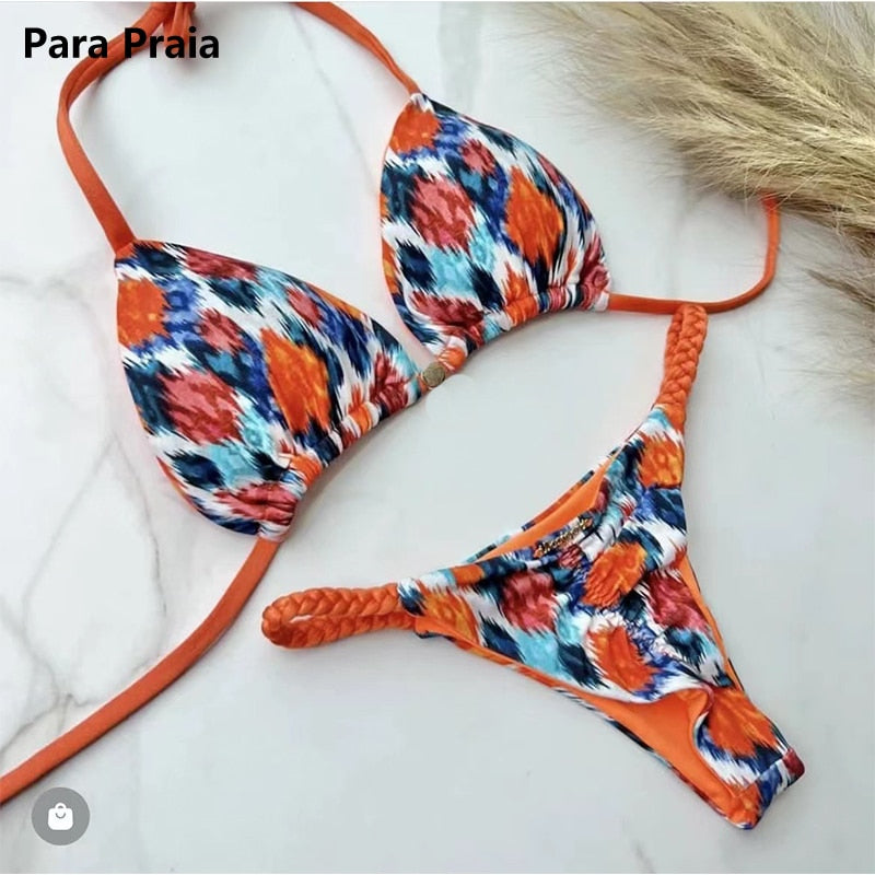 Para Praia Blue Print Halter Bikini Set 2023 High Cut Swimsuit Women Swimwear Bandage Brazilian Bathing Suit