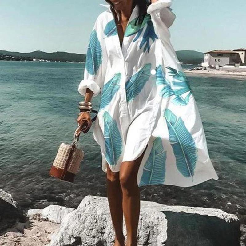 Fashion Women&#39;s Shirts Dress Spring Summer New Casual Printed Lapel Buttons Irregular Dress Beach Long Sleeve Sexy Party Dresses