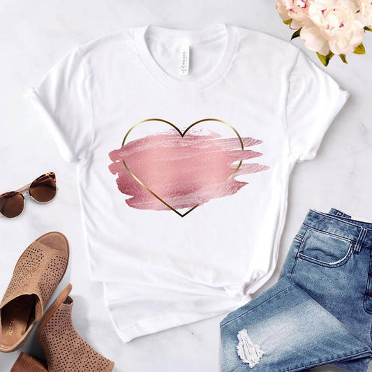 Heart Flower Print Womens T-Shirt Ladies Casual Basis O-Collar White Shirt Short Sleeve Ladies T-Shirt Love Graphic Printing