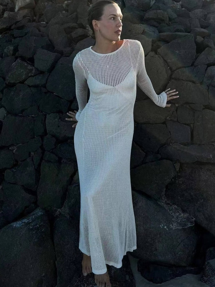 Summer Knitted Maxi Dress for Women Hollow Out See Through Long Sleeve Slim Elegant Sexy Dresses Club Party Beach Dress Casual