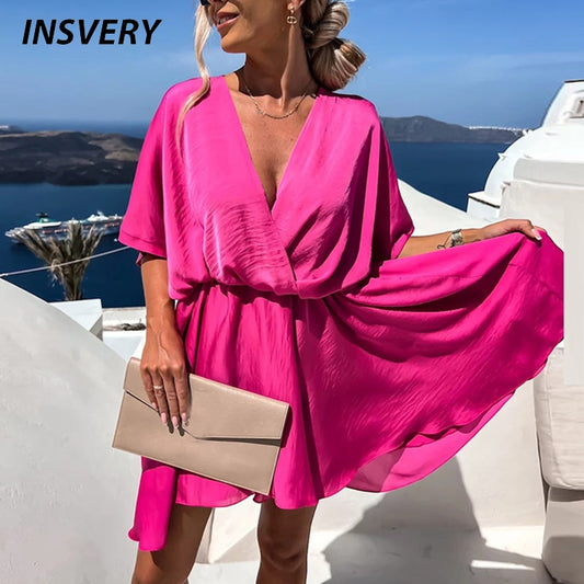 Sexy V Neck Dresses For Women Elegant Short Sleeve Solid A-line Loose Mini Dress Women Casual Beach Party Dress Boho 2022