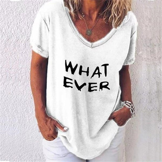 Summer Women T Shirt Letter Print Solid Clothing V Neck Short Sleeve Basic Tops Streetwear Tees Fashion Oversized Girls T-shirts