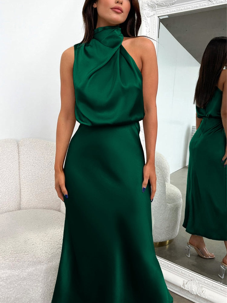 Stain Silk Women Dresses Sexy Evening Party Sleeveless Off Shoulder Bodycon Elegant Maxi Dresses for Women 2023 Summer Wedding