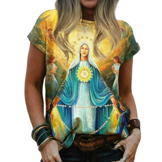 Harajuku Women's Casual T-shirt Neckline Street Dress Jesus Religious Cartoon 3D Print Short Sleeve Pullover