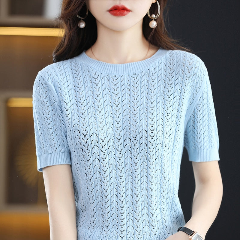 100% Pure Cotton T-Shirts Women's Round Neck Strands Empty Pullover Top Casual Knit Loose Top Summer Mesh Fashion Short Sleeves