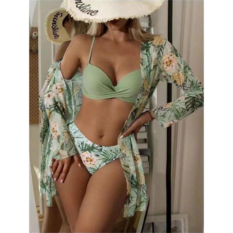 New Sexy Low Waist Bikini Three Piece Mesh Long Sleeve Shawl Blouse Split Body Tight Print Small Fresh Beach Swimsuit