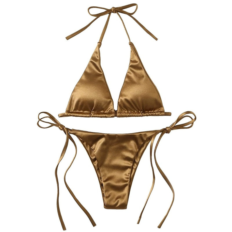 Sexy Women&#39;s Metallic Halter Top Two Piece Swimsuit Tie Side Triangle Bikini Summer Solid Bathing Suit Beachwear Bikini Set