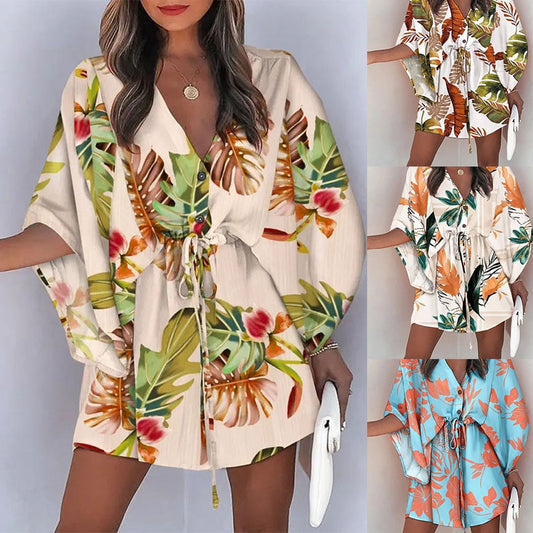 Women Batwing Sleeve Dresses Boho Leaf Print V-Neck Irregular Loose Mini Dress Female Sexy Lace-Up Waist Beach Dress Vestido